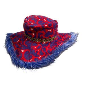 Red Blue Fuzzy Wide Rim Pimp Costume Hat Gold Trim Adult Halloween Rave 1970s